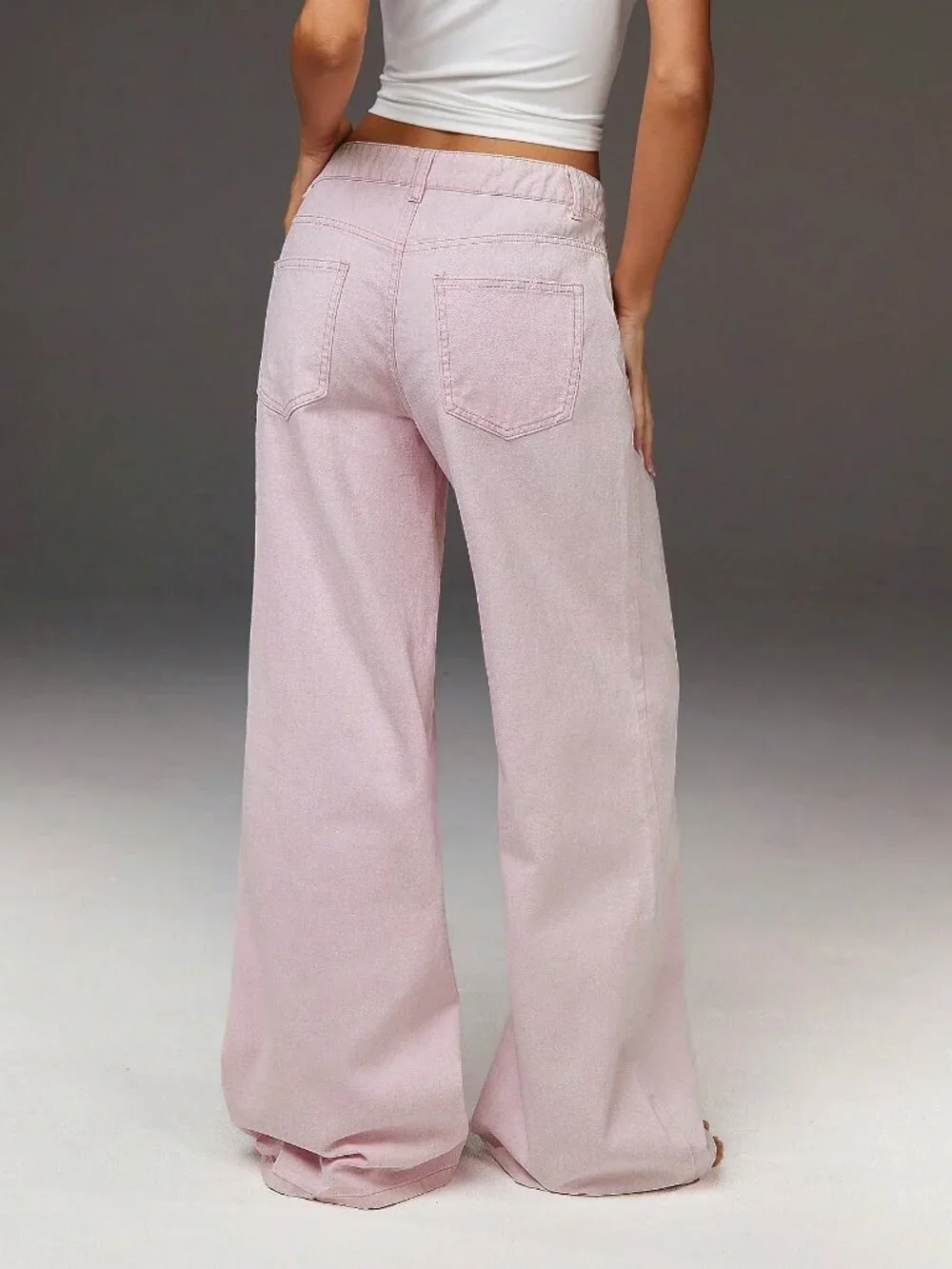Pink Women's Denim Casual Asymmetrical Waistband Wide-Leg Jeans